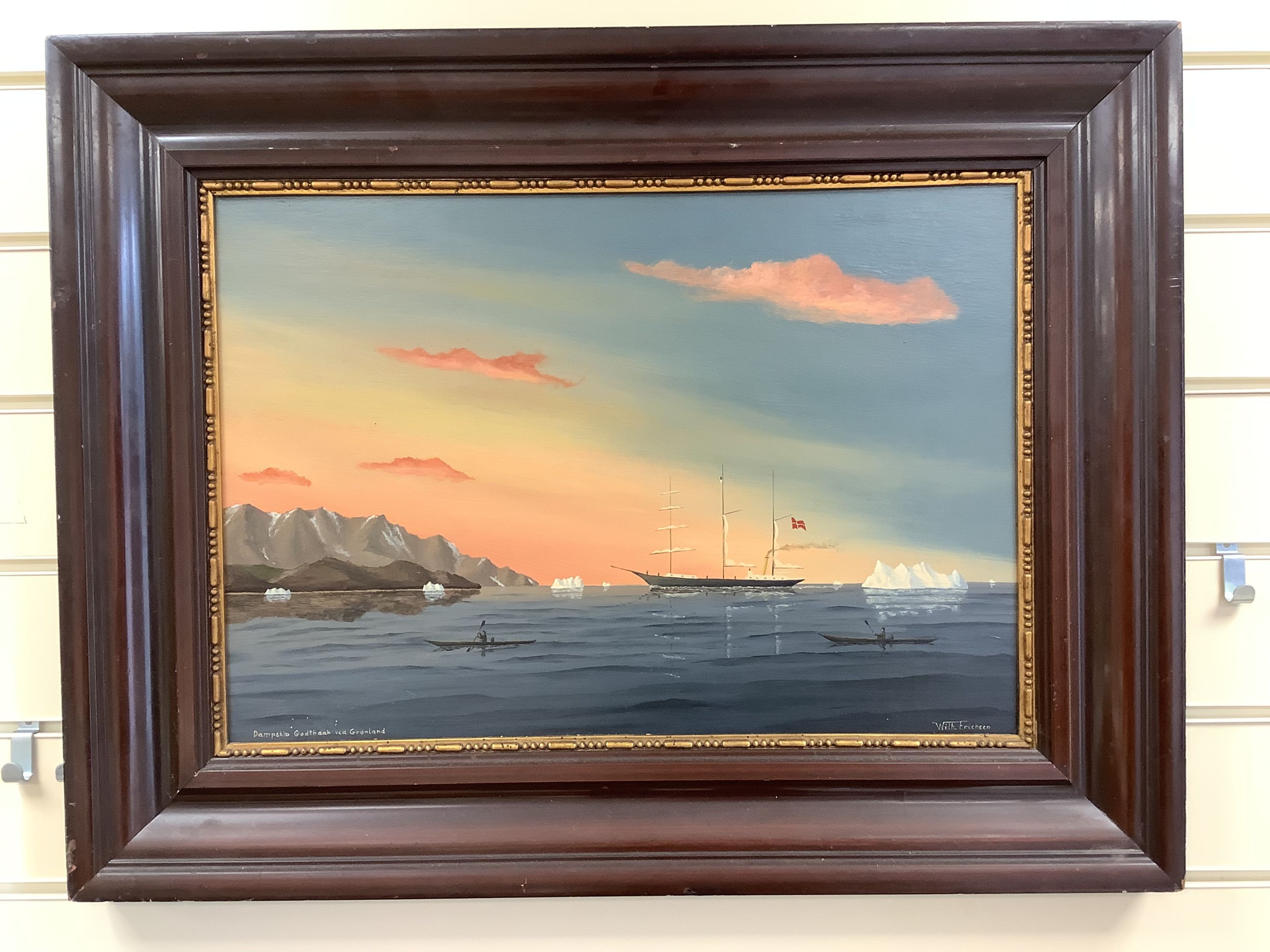 Wilhelm Erichsen, oil on panel, 'Dampskib Godthab Ved Gronland', signed, 33 x 48cm